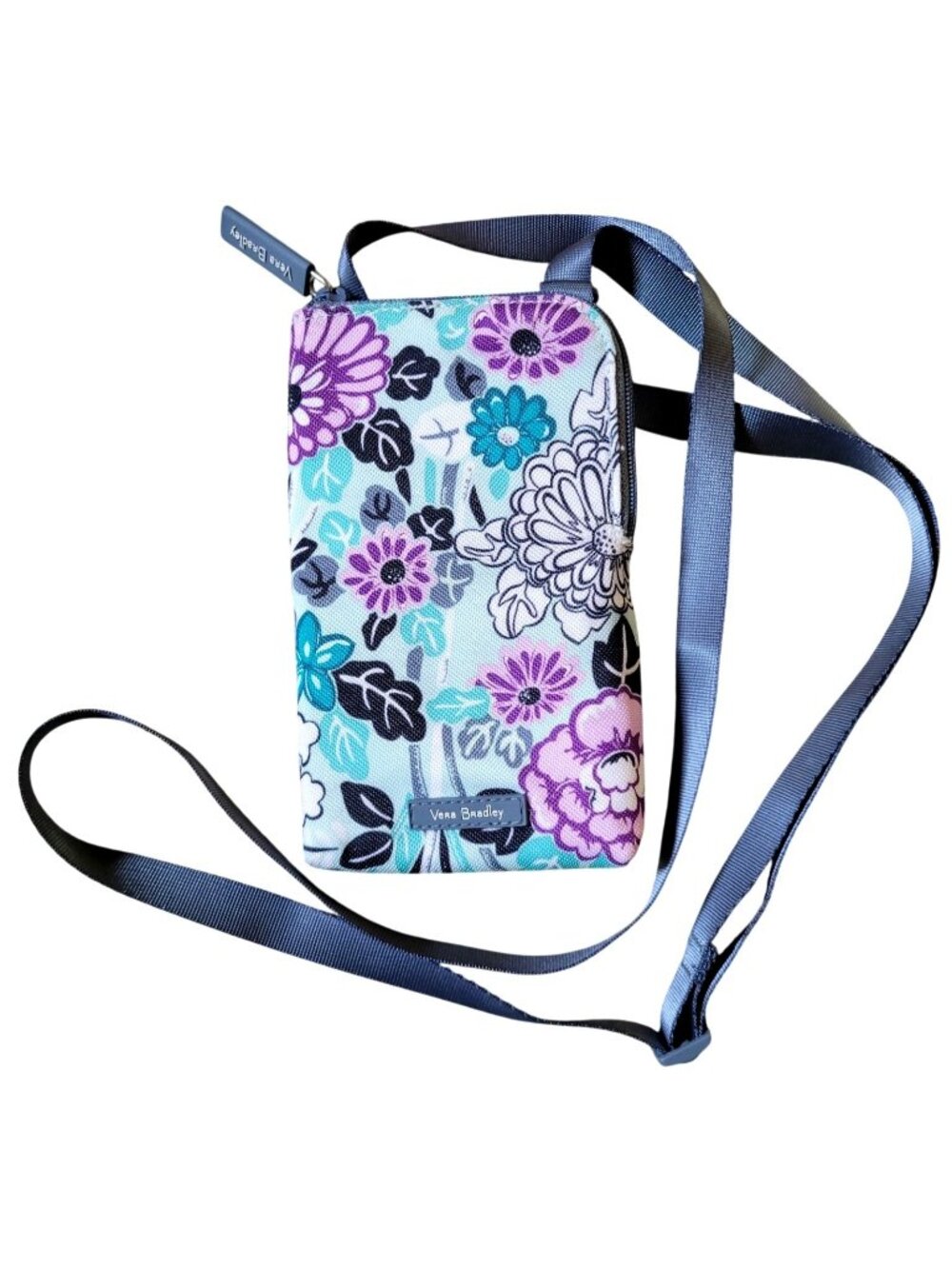 Vera Bradley Travel Wallet Wrist Purse Purple and Green Floral Design 7" x 4"